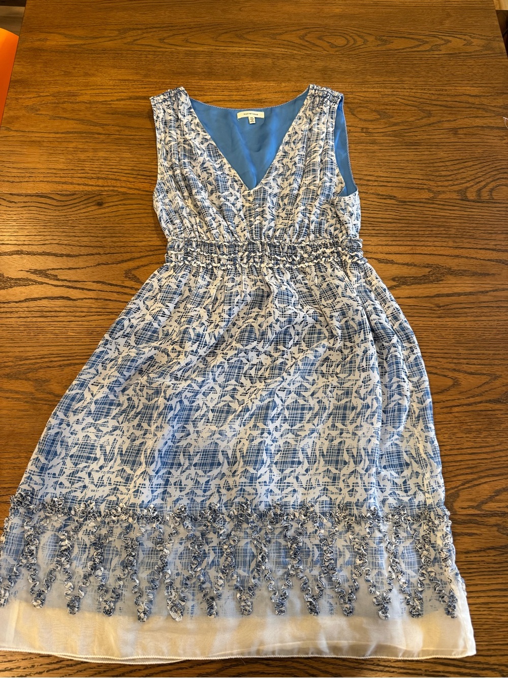 Max Studio Blue and White V-Neck Floral Midi Dress